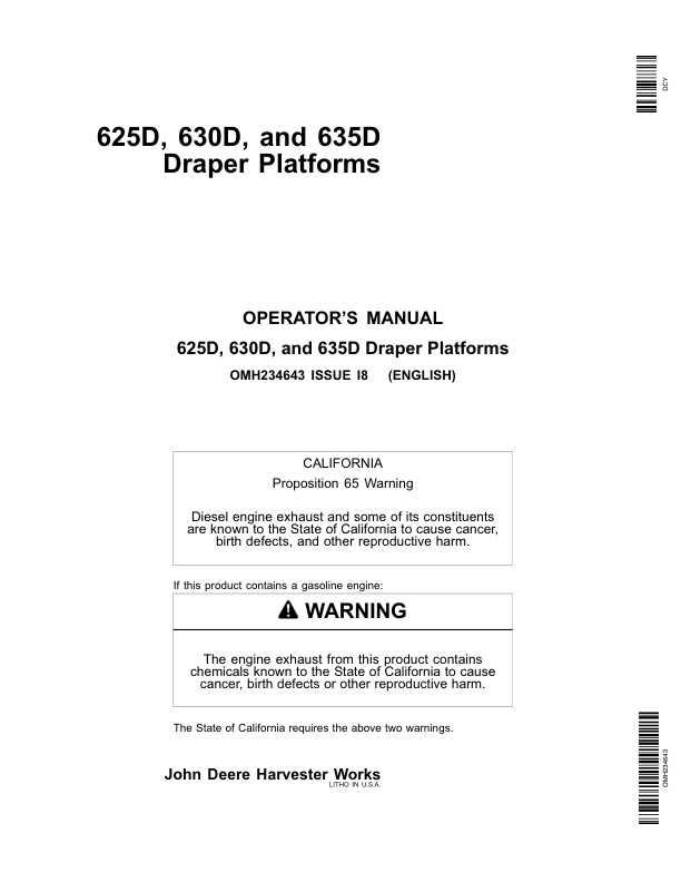 John Deere 625D, 630D & 635D Draper Platforms North America (730101-735400) Operator’s Manual (OMH234643) Workshop Guide