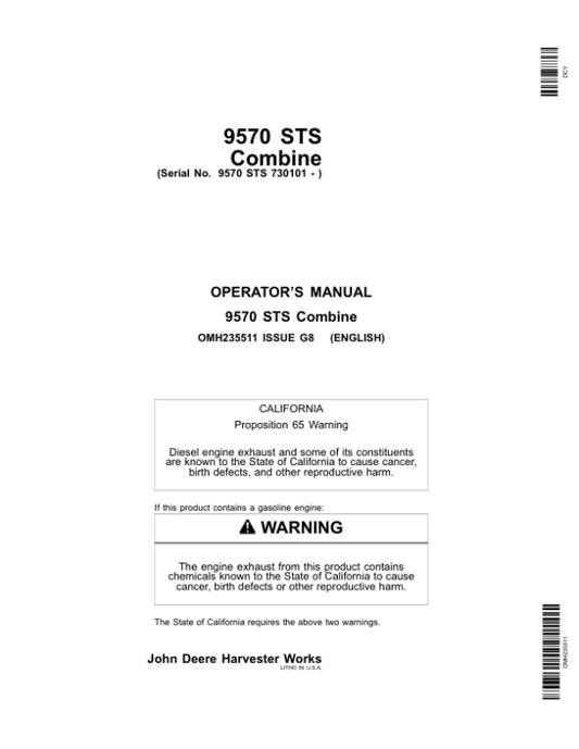 John Deere 9570 STS Combine (730101-) Operator’s Manual (OMH235511) Workshop Guide