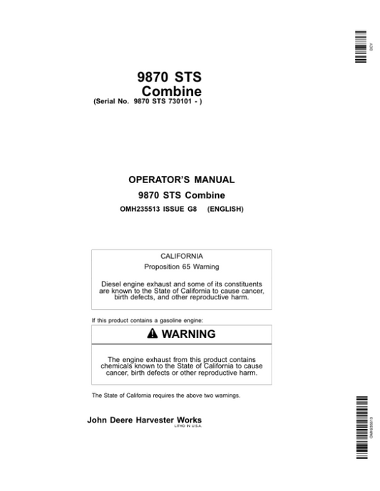 John Deere 9870 STS Combine (730101-) Operator’s Manual (OMH235513) Workshop Guide