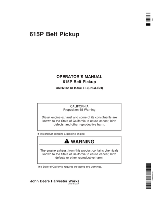 John Deere 615 P Belt Pickup (730000-734999) Operator’s Manual (OMH236148) Workshop Guide