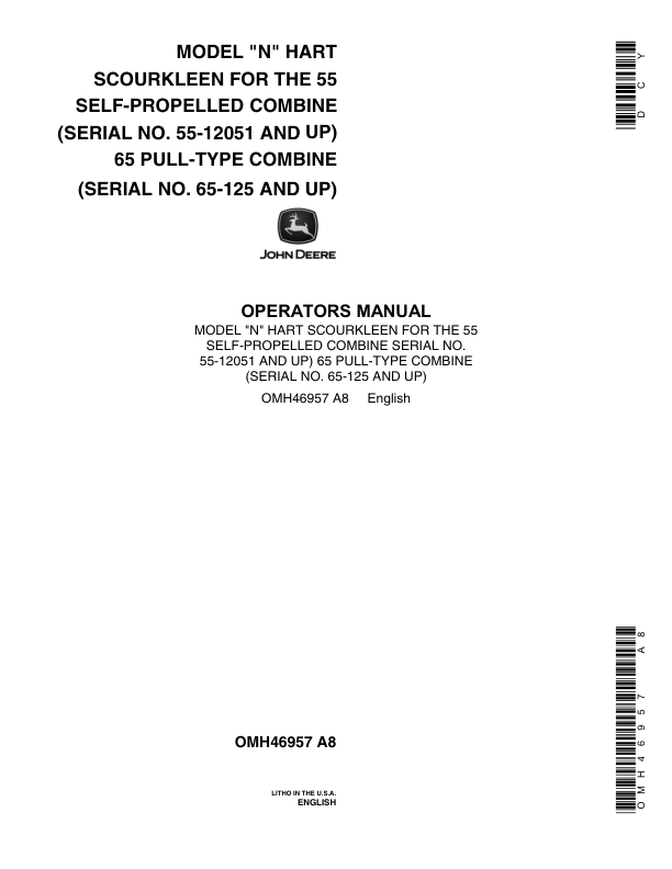 John Deere N Hart ScourKleen – 55, 65 Combines Operator’s Manual (OMH46957) Workshop Guide