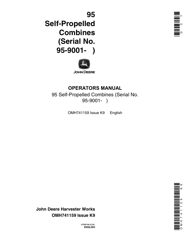 John Deere 95 Combine Operator’s Manual (OMH741159) Workshop Guide