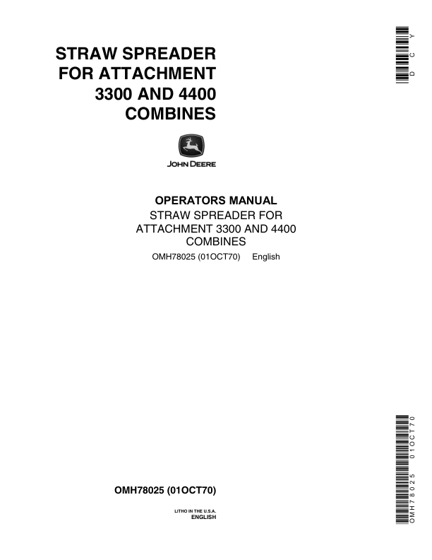 John Deere Straw Spreader Guard for 3300, 4400 Combines Operator’s Manual (OMH78025) Workshop Guide
