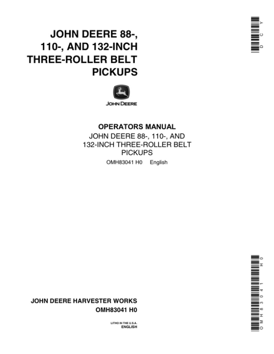 John Deere 3-Roller Belt Pickups (88, 110, 132 In.) Operator’s Manual (OMH83041) Workshop Guide