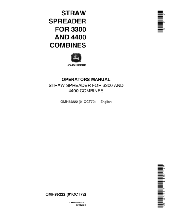 John Deere Straw Spreader for 3300, 4400 Combines Operator’s Manual (OMH85222) Workshop Guide