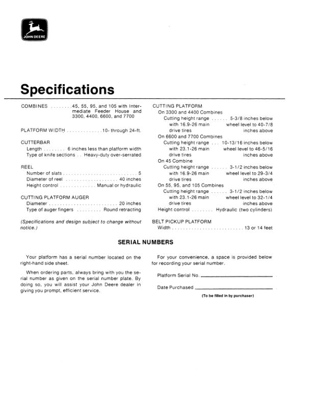 John Deere Combine Quik-Tatch Platforms Operator’s Manual (OMH86807) Workshop Guide