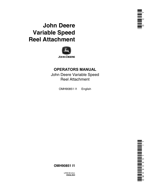 John Deere Variable Speed Reel Attachment For 105 Combine Operator’s Manual (OMH90851) Workshop Guide