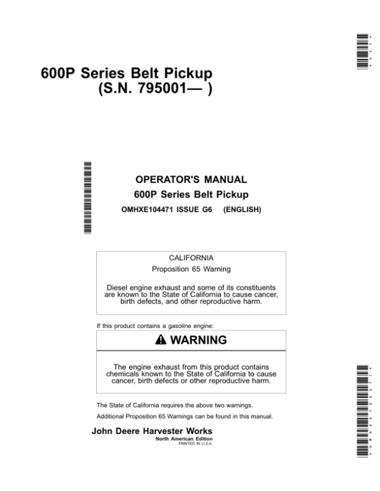 John Deere 600P – Series 615P Belt Pickups (North American) Operator’s Manual (OMHXE104471) Workshop Guide