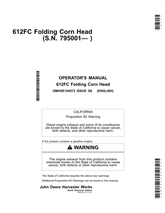 John Deere 612FC STALKMASTER Folding Corn Head (North American) Operator’s Manual (OMHXE104572) Workshop Guide