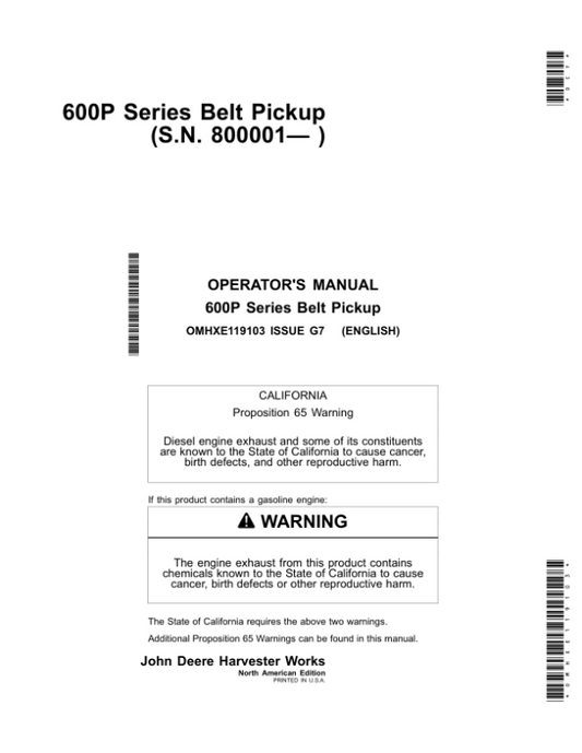 John Deere 600P Series Belt Pickup 615P Operator’s Manual (OMHXE119103) Workshop Guide