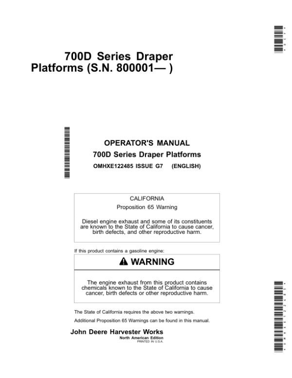 John Deere 700D Series Draper Platforms 725D, 730D, 735D, 740D Operator’s Manual (OMHXE122485) Workshop Guide