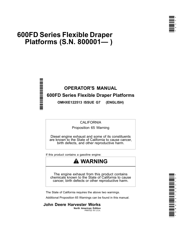 John Deere 600FD Series Flexible Draper Platforms (North American) Operator’s Manual (OMHXE122513) Workshop Guide