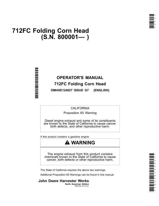 John Deere 712FC Folding Corn Head Operator’s Manual (OMHXE124027) Workshop Guide