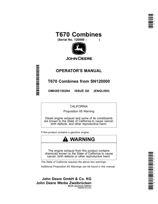 John Deere T670 Combines (120000-) Operator’s Manual (OMHXE150294) Workshop Guide