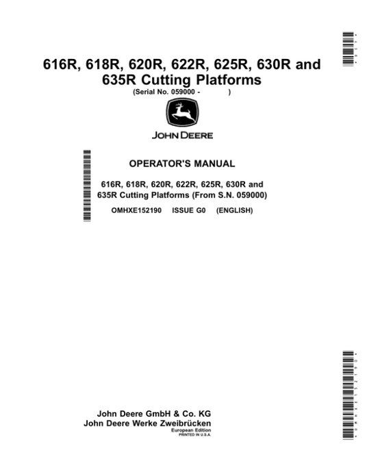 John Deere 616R, 618R, 620R, 622R, 625R, 630R, 635R Cutting Platforms (059000-) Operator’s Manual (OMHXE152190) Workshop Guide