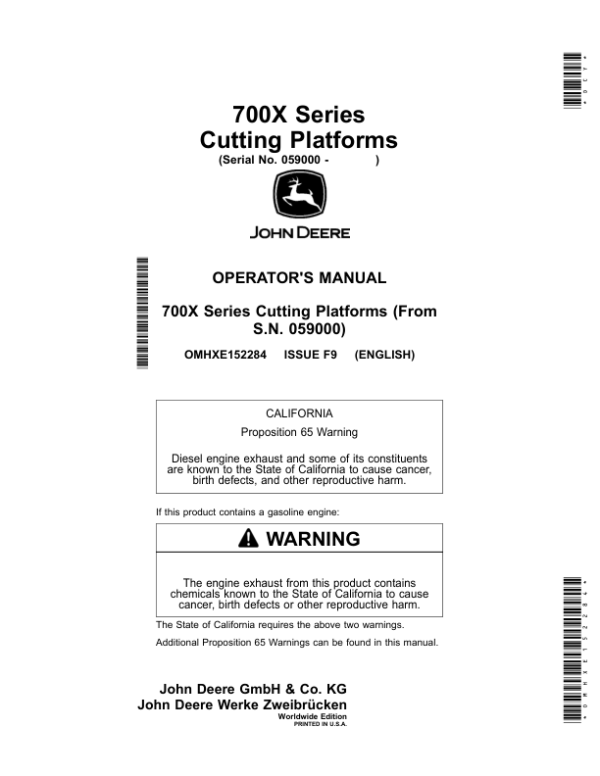 John Deere 722X, 725X, 730X, 735X, 740X (700X Series) Cutting Platforms Operator’s Manual (OMHXE152284) Workshop Guide