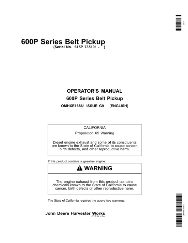 John Deere 600P Series Belt Pickup 615P (735101-) Operator’s Manual (OMHXE16861) Workshop Guide