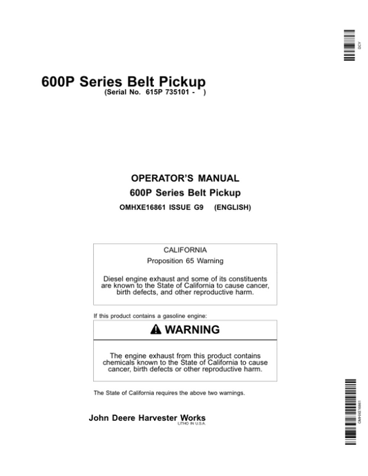 John Deere 600P Series Belt Pickup 615P (735101-) Operator’s Manual (OMHXE16861) Workshop Guide