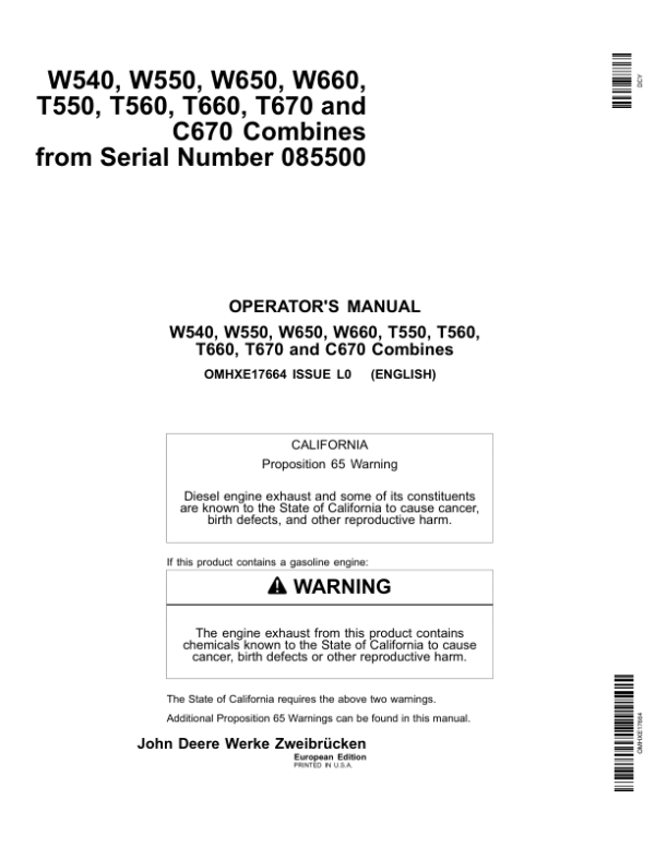 John Deere W540, W550, W650, W660, T550, T560, T660, T670 & C670 Combines Operator’s Manual (OMHXE17664) Workshop Guide