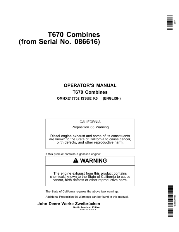John Deere T670 Combine (085500-) Operator’s Manual (OMHXE17702) Workshop Guide