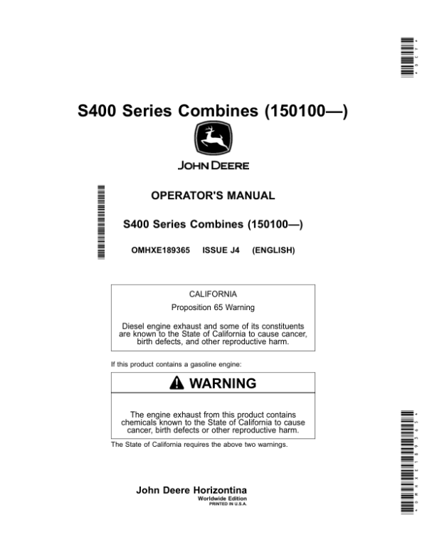 John Deere S400 Series Combines (150100—) Operator’s Manual (OMHXE189365) Workshop Guide