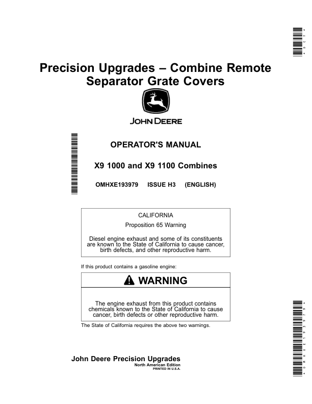 John Deere Performance Upgrades – Combine Remote Separator Grate Covers (North American) Operator’s Manual (OMHXE193979) Workshop Guide