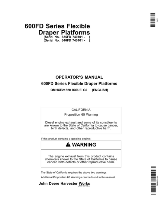 John Deere 600FD Series Flexible Draper Platforms North America (740101-745100) Operator’s Manual (OMHXE21520) Workshop Guide