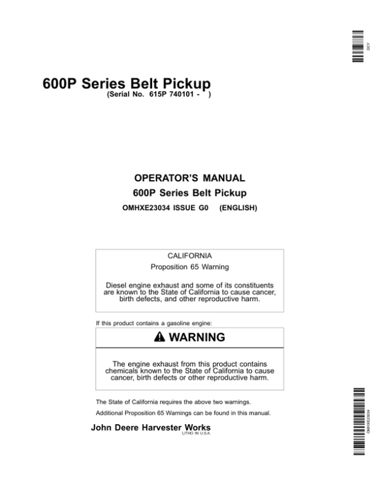 John Deere 600 P Series Belt Pickup 615P (740101) Operator’s Manual (OMHXE23034) Workshop Guide