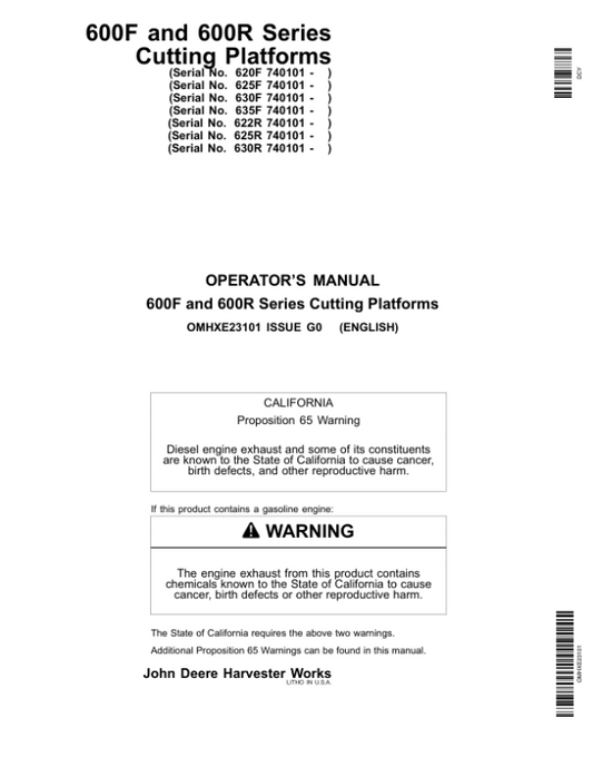 John Deere 600 F&R Series Cutting Platforms North America (740101-745000) Operator’s Manual (OMHXE23101) Workshop Guide