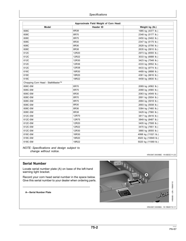 John Deere 600C Series Corn Heads North America (745101-755000) Operator’s Manual (OMHXE29754) Workshop Guide