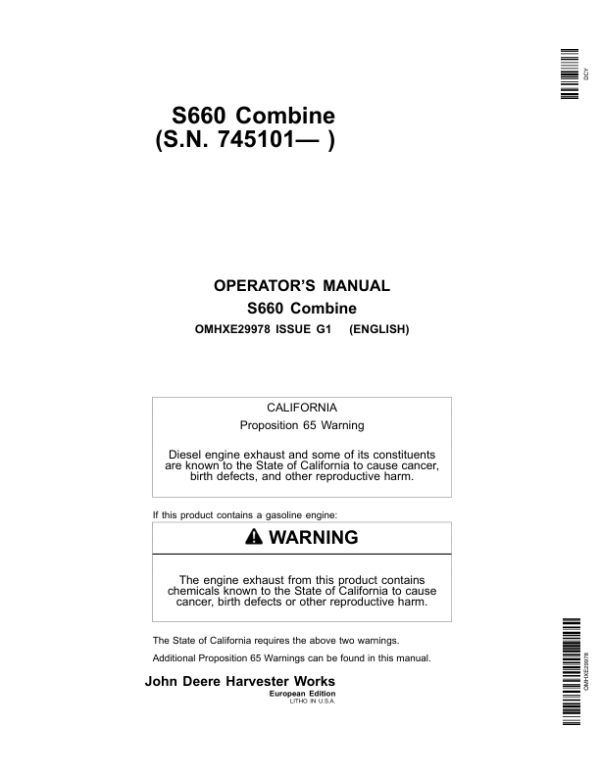 John Deere S660 Combine (745101-) Operator’s Manual (OMHXE29978) Workshop Guide
