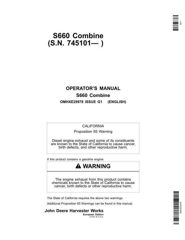 John Deere S660 Combine (745101-) Operator’s Manual (OMHXE29978) Workshop Guide