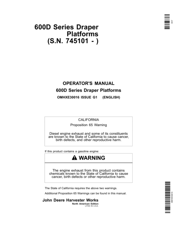 John Deere 600D Series Draper Platforms 625D, 630D, 635D & 640D North America (745101-755000) Operator’s Manual (OMHXE30016) Workshop Guide