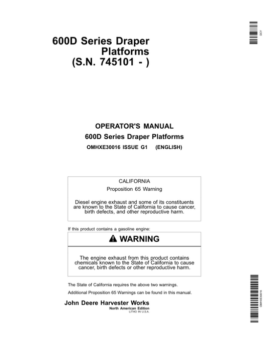 John Deere 600D Series Draper Platforms 625D, 630D, 635D & 640D North America (745101-755000) Operator’s Manual (OMHXE30016) Workshop Guide