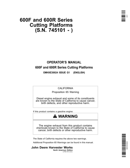 John Deere 600 F&R Series Cutting Platforms North America (745101-755000) Operator’s Manual (OMHXE30024) Workshop Guide