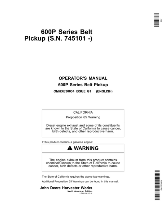 John Deere 600P Series Belt Pickup (745101-) Operator’s Manual (OMHXE30034) Workshop Guide