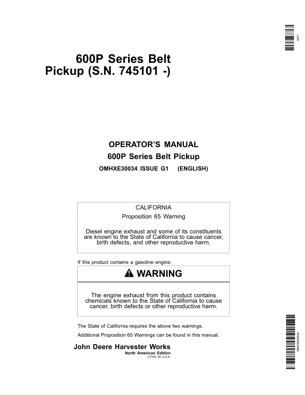 John Deere 600P Series Belt Pickup (745101-) Operator’s Manual (OMHXE30034) Workshop Guide