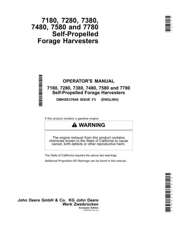 John Deere 7180, 7280, 7830, 7480, 7580 & 7780 Self-Propelled Forage Harvesters Operator’s Manual (OMHXE37649) Workshop Guide