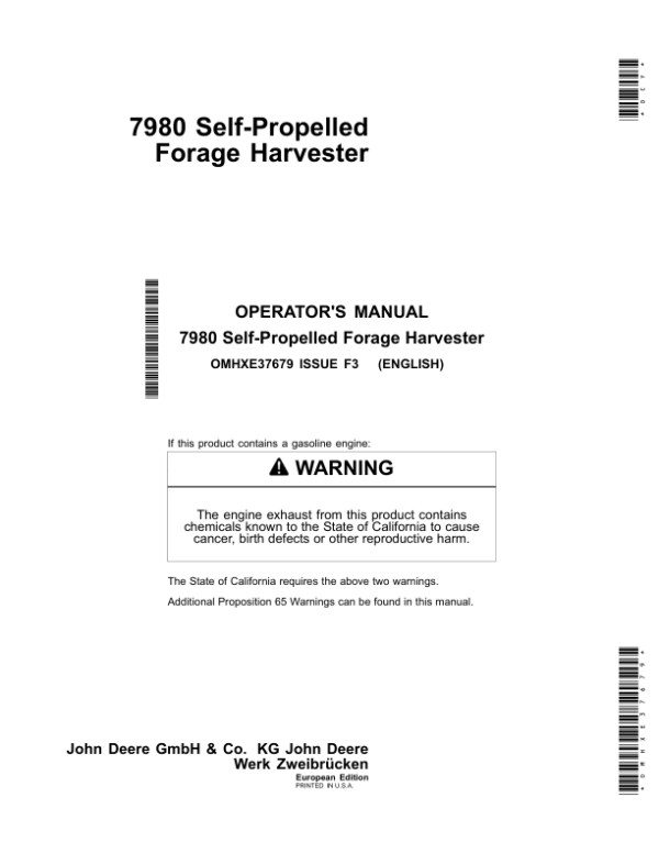 John Deere 7950 Self- Propelled Forage Harvesters Operator’s Manual (OMHXE37679) Workshop Guide