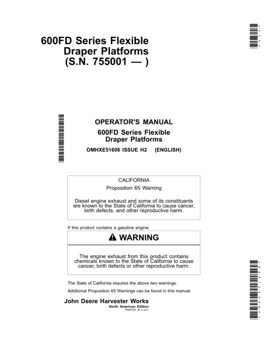 John Deere 600FD Series Flexible Draper Platforms North America (755101-765000) Operator’s Manual (OMHXE51608) Workshop Guide
