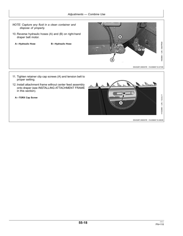 John Deere 600D Series Draper Platforms 625D, 630D, 635D & 640D Export Edition (755101-765000) Operator’s Manual (OMHXE52488) Workshop Guide