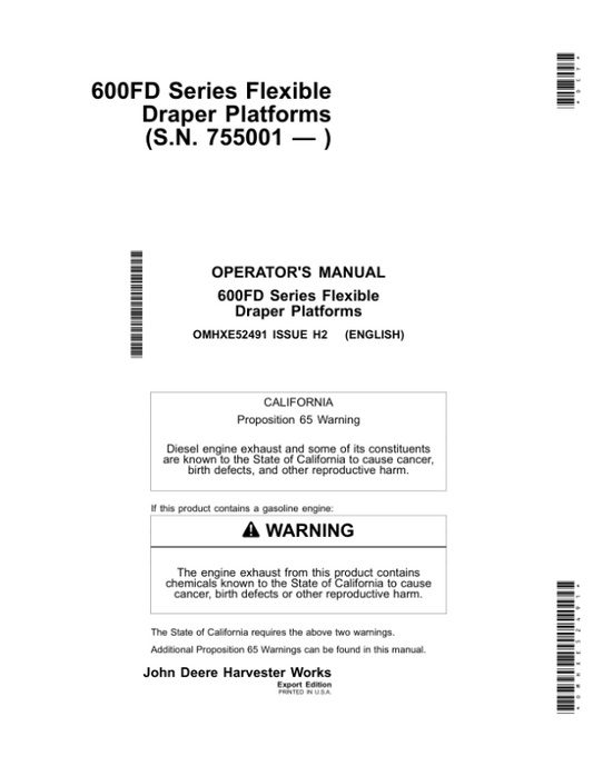 John Deere 600FD Series Flexible Draper Platforms  Export Edition (755001-765000) Operator’s Manual (OMHXE52491) Workshop Guide