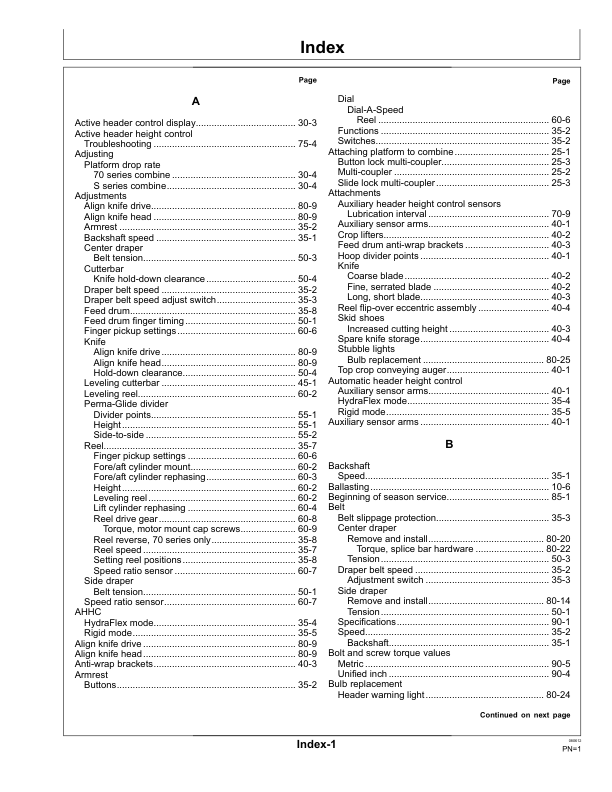 John Deere 600FD Series Flexible Draper Platforms  Export Edition (755001-765000) Operator’s Manual (OMHXE52491) Workshop Guide