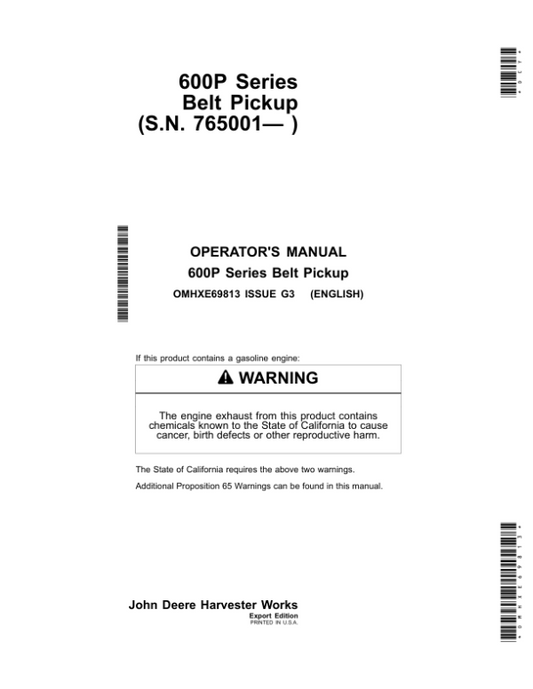 John Deere 600P Series (615P) Belt Pickup (765001-) Operator’s Manual (OMHXE69813) Workshop Guide