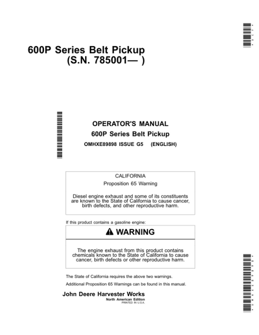 John Deere 600P Series Belt Pickups North America (785001- ) Operator’s Manual (OMHXE89898) Workshop Guide