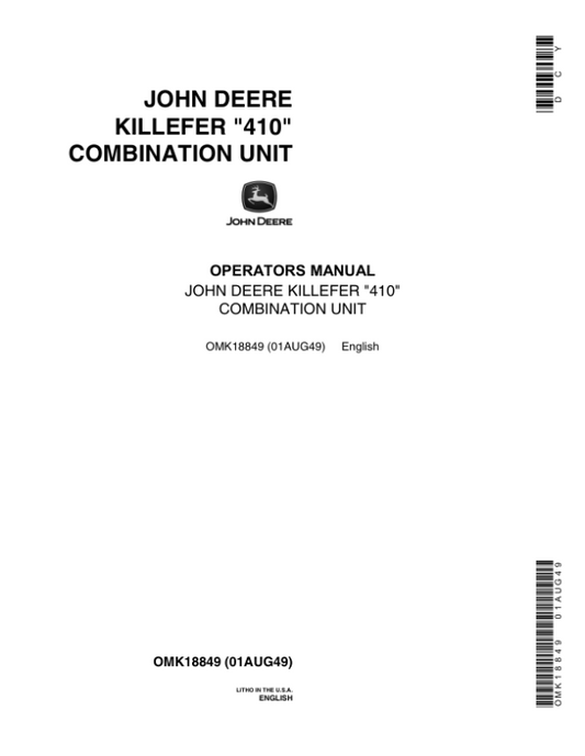 John Deere 410 JD Killefer Combination Unit Operator’s Manual (OMK18849) Workshop Guide