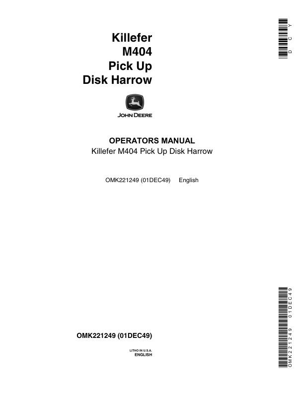 John Deere Killefer M404 Pick Up 12-Disk Harrow Operator’s Manual (OMK221249) Workshop Guide