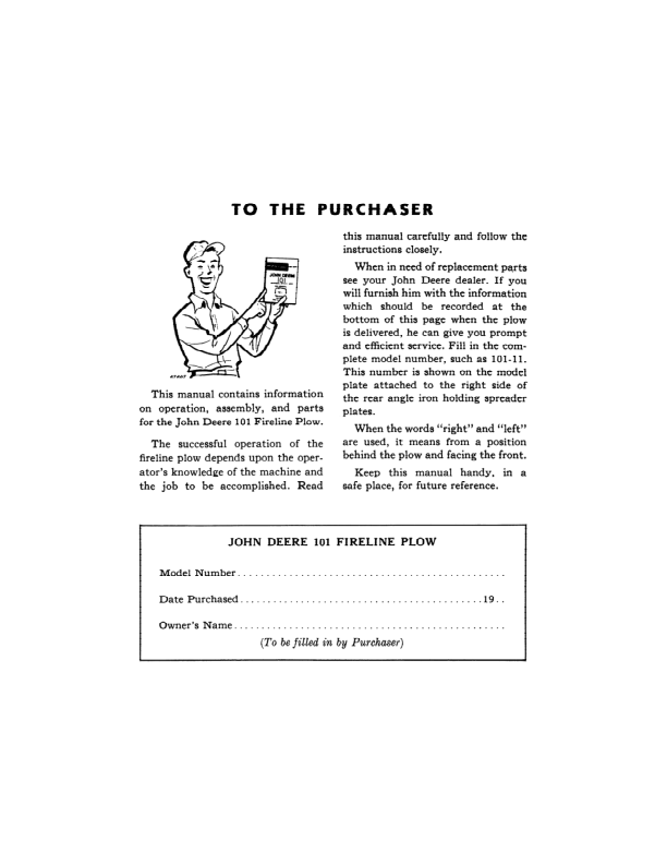 John Deere 101 Fireline Plow Operator’s Manual (OMK54558) Workshop Guide