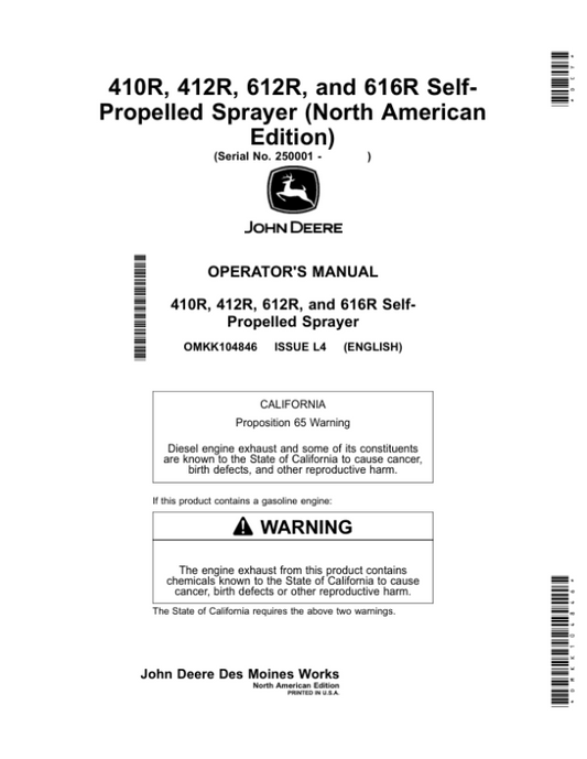 John Deere 410R, 412R, 612R, 616R SelfPropelled Sprayer Operator’s Manual (OMKK104846) Workshop Guide