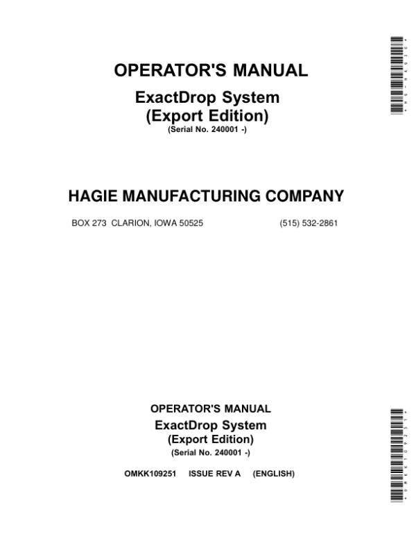 John Deere ExactDrop System (240001-) (Export Edition) Operator’s Manual (OMKK109251) Workshop Guide